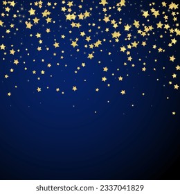 Magic stars vector overlay.  Gold stars scattered around randomly, falling down, floating.  Chaotic dreamy childish overlay template. on dark blue background.