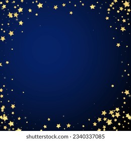 Magic stars vector overlay.  Gold stars scattered around randomly, falling down, floating.  Chaotic dreamy childish overlay template. Vector fairytale  on dark blue background.