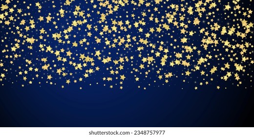 Magic stars vector overlay.  Gold stars scattered around randomly, falling down, floating.  Chaotic dreamy childish overlay template. Magical cartoon night sky on dark blue background.