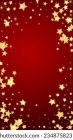 Magic stars vector overlay.  Gold stars scattered around randomly, falling down, floating.  Chaotic dreamy childish overlay template. on red background.