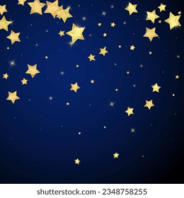 Magic stars vector overlay.  Gold stars scattered around randomly, falling down, floating.  Chaotic dreamy childish overlay template. Vector fairytale  on dark blue background.