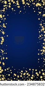 Magic stars vector overlay.  Gold stars scattered around randomly, falling down, floating.  Chaotic dreamy childish overlay template. on dark blue background.