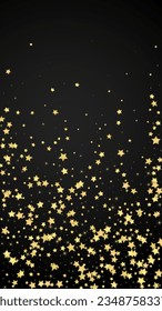 Magic stars vector overlay.  Gold stars scattered around randomly, falling down, floating.  Chaotic dreamy childish overlay template. Magical cartoon night sky on black background.