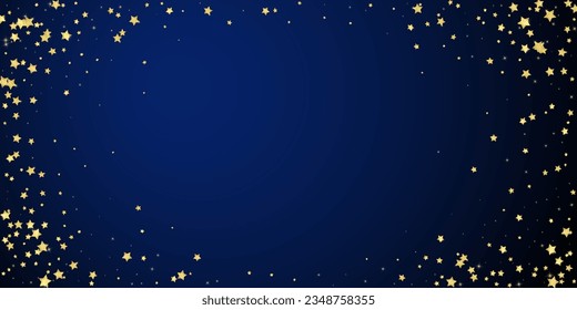 Magic stars vector overlay.  Gold stars scattered around randomly, falling down, floating.  Chaotic dreamy childish overlay template. Vector fairytale  on dark blue background.