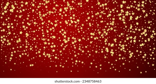 Superposición vectorial de las estrellas mágicas.  Estrellas de oro dispersas al azar, cayendo, flotando.  Una plantilla de superposición infantil de ensueño caótico. Encantador vector con estrellas mágicas sobre fondo rojo.