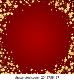 Magic stars vector overlay.  Gold stars scattered around randomly, falling down, floating.  Chaotic dreamy childish overlay template. Vector fairytale  on red background.