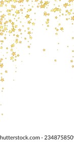Magic stars vector overlay.  Gold stars scattered around randomly, falling down, floating.  Chaotic dreamy childish overlay template. Enchanting vector with magic stars on white background.