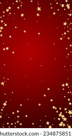 Superposición vectorial de las estrellas mágicas.  Estrellas de oro dispersas al azar, cayendo, flotando.  Una plantilla de superposición infantil de ensueño caótico. Encantador vector con estrellas mágicas sobre fondo rojo.