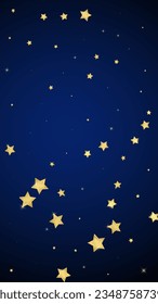 Magic stars vector overlay.  Gold stars scattered around randomly, falling down, floating.  Chaotic dreamy childish overlay template. Enchanting vector with magic stars on dark blue background.