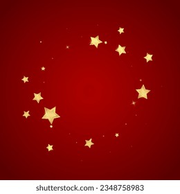 Superposición vectorial de las estrellas mágicas.  Estrellas de oro dispersas al azar, cayendo, flotando.  Una plantilla de superposición infantil de ensueño caótico. Cielo nocturno de caricatura mágica sobre fondo rojo.