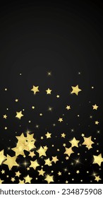 Superposición vectorial de las estrellas mágicas.  Estrellas de oro dispersas al azar, cayendo, flotando.  Una plantilla de superposición infantil de ensueño caótico. Un cuento de hadas vectorial sobre fondo negro.