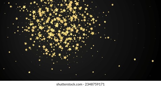 Magic stars vector overlay.  Gold stars scattered around randomly, falling down, floating.  Chaotic dreamy childish overlay template. Magical cartoon night sky on black background.