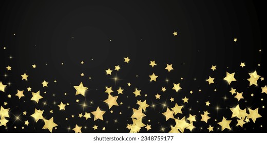 Magic stars vector overlay.  Gold stars scattered around randomly, falling down, floating.  Chaotic dreamy childish overlay template. Magical cartoon night sky on black background.