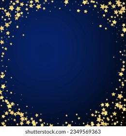 Magic stars vector overlay.  Gold stars scattered around randomly, falling down, floating.  Chaotic dreamy childish overlay template. Magical cartoon night sky on dark blue background.