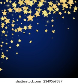 Magic stars vector overlay.  Gold stars scattered around randomly, falling down, floating.  Chaotic dreamy childish overlay template. Vector magic overlay  on dark blue background.