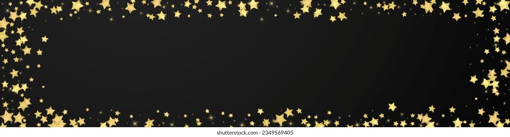 Magic stars vector overlay.  Gold stars scattered around randomly, falling down, floating.  Chaotic dreamy childish overlay template. Enchanting vector with magic stars on black background.
