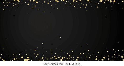 Magische Sterne, Vektorüberlagerung.  Goldsterne zerstreut nach dem Zufallsprinzip, fallend, schwebend.  Chaotische Träume kindliche Overlay-Vorlage. auf schwarzem Hintergrund.
