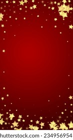 Magic stars vector overlay.  Gold stars scattered around randomly, falling down, floating.  Chaotic dreamy childish overlay template. Magical cartoon night sky on red background.
