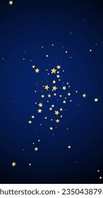Magic stars vector overlay.  Gold stars scattered around randomly, falling down, floating.  Chaotic dreamy childish overlay template. Enchanting vector with magic stars on dark blue background.