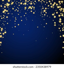 Magic stars vector overlay.  Gold stars scattered around randomly, falling down, floating.  Chaotic dreamy childish overlay template. on dark blue background.