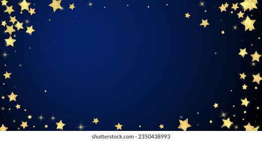 Magic stars vector overlay.  Gold stars scattered around randomly, falling down, floating.  Chaotic dreamy childish overlay template. Vector fairytale  on dark blue background.