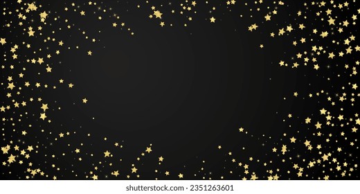 Magic stars vector overlay. Gold stars scattered around randomly, falling down, floating. Chaotic dreamy childish overlay template. Miraculous starry night vector on black background.
