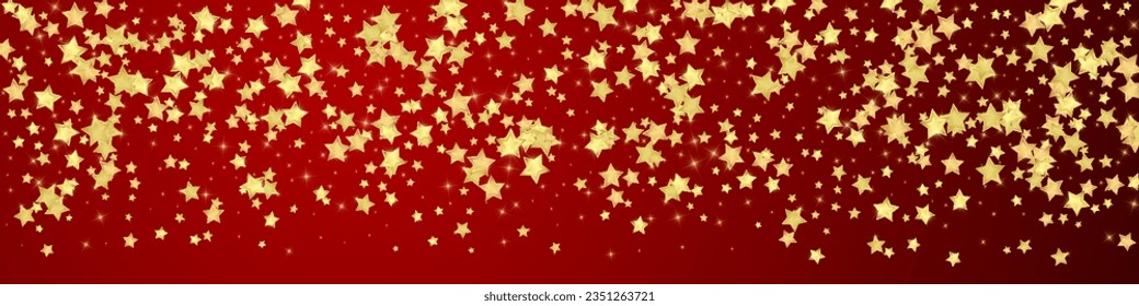 Magic stars vector overlay.  Gold stars scattered around randomly, falling down, floating.  Chaotic dreamy childish overlay template. Miraculous starry night vector  on red background.