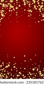 Superposición vectorial de las estrellas mágicas.  Estrellas de oro dispersas al azar, cayendo, flotando.  Una plantilla de superposición infantil de ensueño caótico. sobre fondo rojo.
