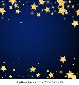 Magic stars vector overlay.  Gold stars scattered around randomly, falling down, floating.  Chaotic dreamy childish overlay template. Vector fairytale  on dark blue background.