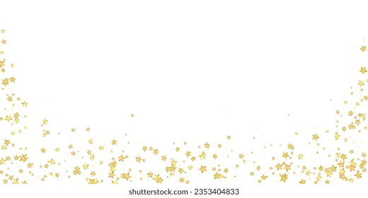 Superposición vectorial de las estrellas mágicas.  Estrellas de oro dispersas al azar, cayendo, flotando.  Una plantilla de superposición infantil de ensueño caótico. Encantador vector con estrellas mágicas sobre fondo blanco.