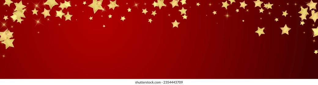 Superposición vectorial de las estrellas mágicas.  Estrellas de oro dispersas al azar, cayendo, flotando.  Una plantilla de superposición infantil de ensueño caótico. Un cuento de hadas vectorial sobre fondo rojo.