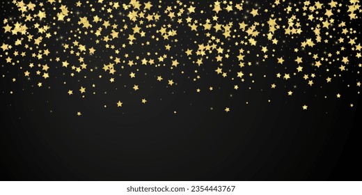 Magic stars vector overlay.  Gold stars scattered around randomly, falling down, floating.  Chaotic dreamy childish overlay template. Vector fairytale  on black background.