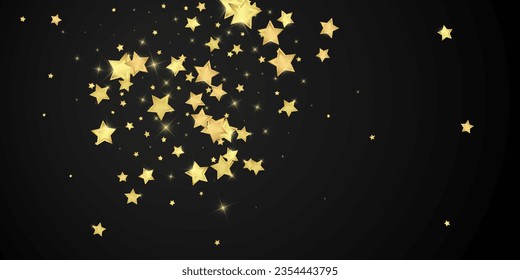 Magic stars vector overlay.  Gold stars scattered around randomly, falling down, floating.  Chaotic dreamy childish overlay template. Magical cartoon night sky on black background.