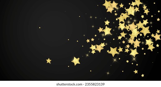 Magic stars vector overlay.  Gold stars scattered around randomly, falling down, floating.  Chaotic dreamy childish overlay template. Miraculous starry night vector  on black background.