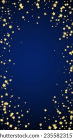 Magic stars vector overlay.  Gold stars scattered around randomly, falling down, floating.  Chaotic dreamy childish overlay template. Vector magic overlay  on dark blue background.