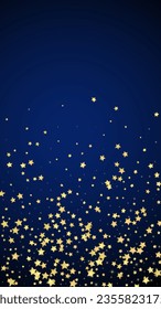 Superposición vectorial de las estrellas mágicas.  Estrellas de oro dispersas al azar, cayendo, flotando.  Una plantilla de superposición infantil de ensueño caótico. Superposición mágica vectorial sobre fondo azul oscuro.