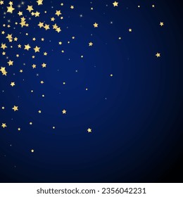 Superposición vectorial de las estrellas mágicas.  Estrellas de oro dispersas al azar, cayendo, flotando.  Una plantilla de superposición infantil de ensueño caótico. Superposición mágica vectorial sobre fondo azul oscuro.