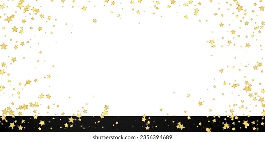 Superposición vectorial de las estrellas mágicas.  Estrellas de oro dispersas al azar, cayendo, flotando.  Una plantilla de superposición infantil de ensueño caótico. sobre fondo negro.