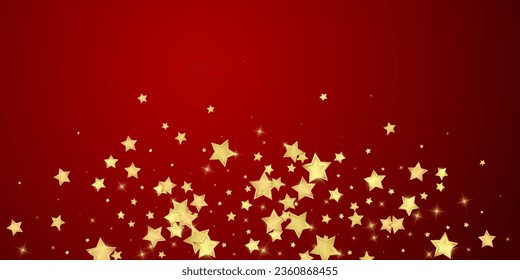 Magic stars vector overlay.  Gold stars scattered around randomly, falling down, floating.  Chaotic dreamy childish overlay template. Vector fairytale  on red background.