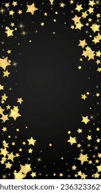 Magische Sterne, Vektorüberlagerung.  Goldsterne zerstreut nach dem Zufallsprinzip, fallend, schwebend.  Chaotische Träume kindliche Overlay-Vorlage. Wunderbare Sternennacht-Vektorgrafik auf schwarzem Hintergrund.