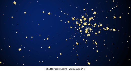 Magic stars vector overlay.  Gold stars scattered around randomly, falling down, floating.  Chaotic dreamy childish overlay template. Vector fairytale  on dark blue background.