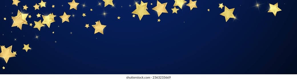 Magic stars vector overlay.  Gold stars scattered around randomly, falling down, floating.  Chaotic dreamy childish overlay template. on dark blue background.