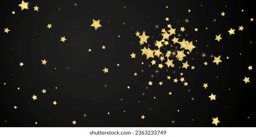 Magische Sterne, Vektorüberlagerung.  Goldsterne zerstreut nach dem Zufallsprinzip, fallend, schwebend.  Chaotische Träume kindliche Overlay-Vorlage. Vektormagie-Overlay auf schwarzem Hintergrund.