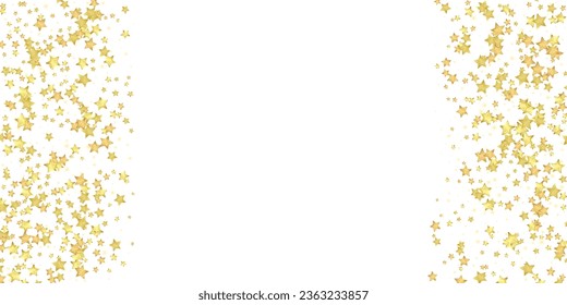 Superposición vectorial de las estrellas mágicas.  Estrellas de oro dispersas al azar, cayendo, flotando.  Una plantilla de superposición infantil de ensueño caótico. Vector nocturno milagroso estrellado sobre fondo blanco.