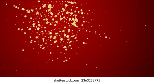 Magic stars vector overlay.  Gold stars scattered around randomly, falling down, floating.  Chaotic dreamy childish overlay template. Enchanting vector with magic stars on red background.