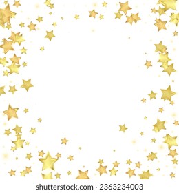Superposición vectorial de las estrellas mágicas.  Estrellas de oro dispersas al azar, cayendo, flotando.  Una plantilla de superposición infantil de ensueño caótico. Encantador vector con estrellas mágicas sobre fondo blanco.