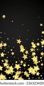 Magic stars vector overlay.  Gold stars scattered around randomly, falling down, floating.  Chaotic dreamy childish overlay template. on black background.