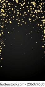 Magic stars vector overlay. Gold stars scattered around randomly, falling down, floating. Chaotic dreamy childish overlay template. Magical cartoon night sky on black background.