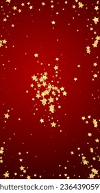 Magic stars vector overlay.  Gold stars scattered around randomly, falling down, floating.  Chaotic dreamy childish overlay template. Magical cartoon night sky on red background.