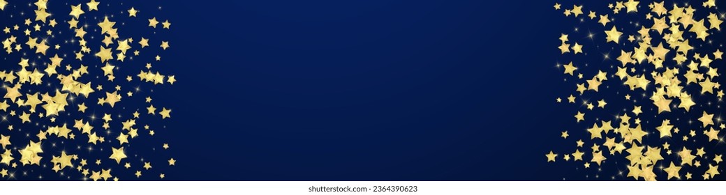 Magische Sterne, Vektorüberlagerung.  Goldsterne zerstreut nach dem Zufallsprinzip, fallend, schwebend.  Chaotische Träume kindliche Overlay-Vorlage. Bezaubernde Vektorgrafik mit magischen Sternen auf dunkelblauem Hintergrund.